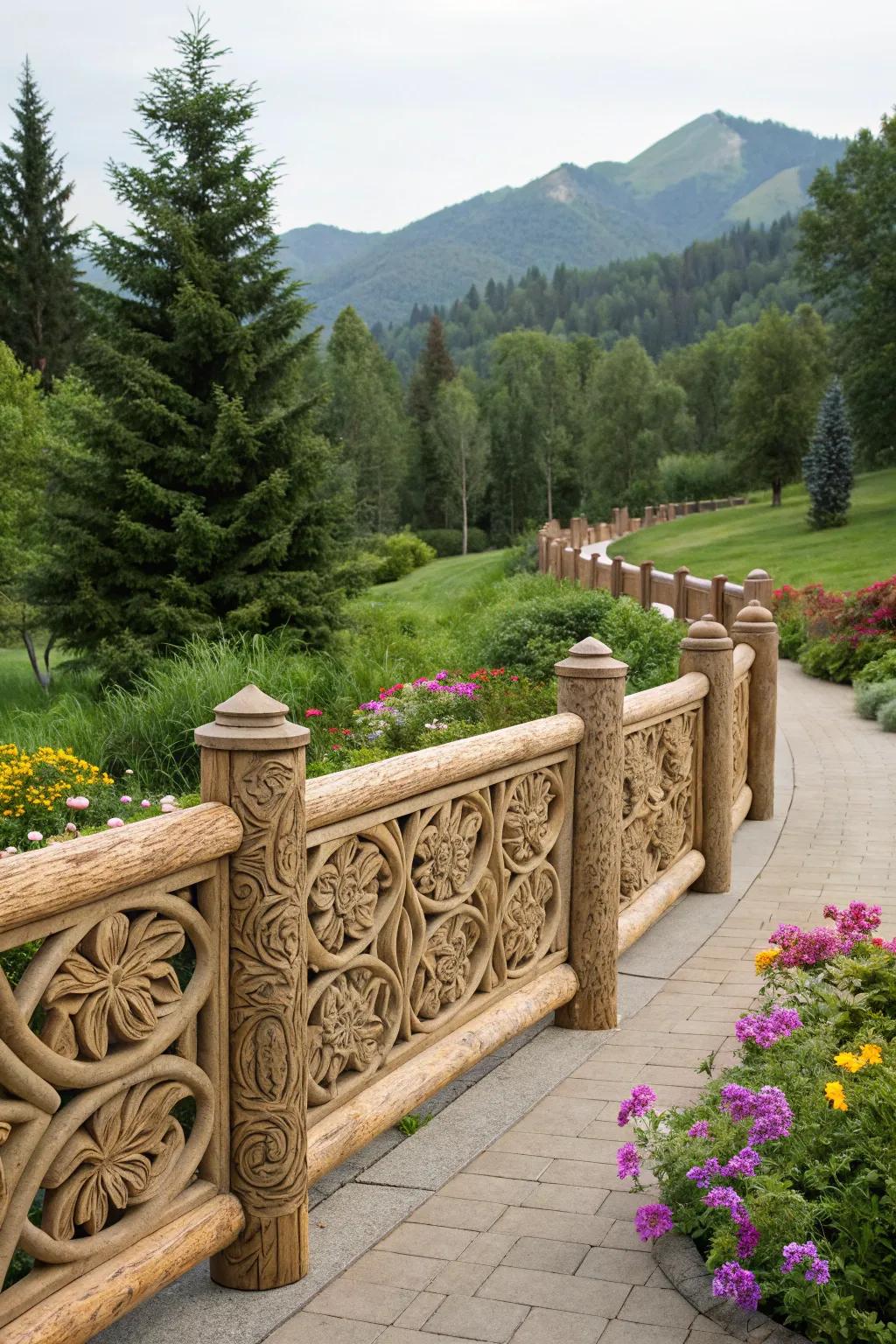 Elaborate etchings upon a timber boundary infuse an artistic flair into a garden vista.