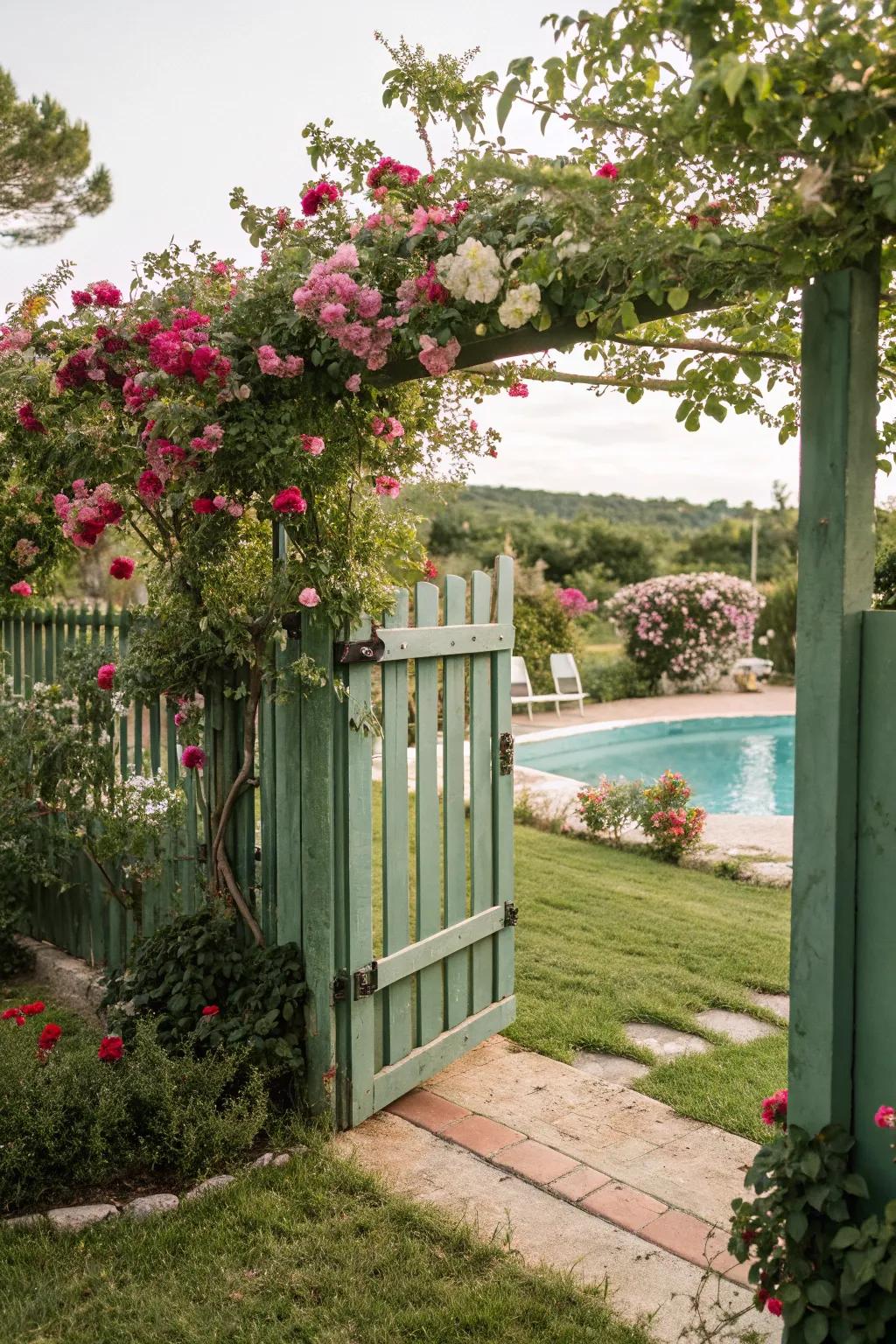A green wood barrier intertwined with vines, elevating garden elegance.