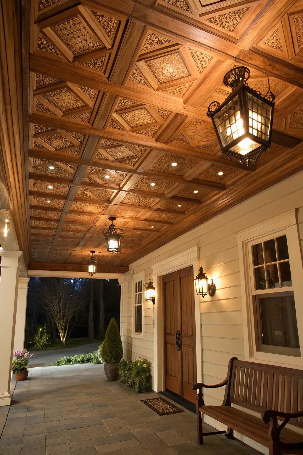 Panelled ceilings infuse refinement into rustic designs.