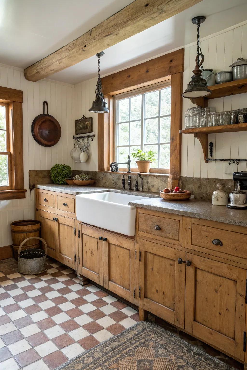 A country-style sink provides both design and functionality.