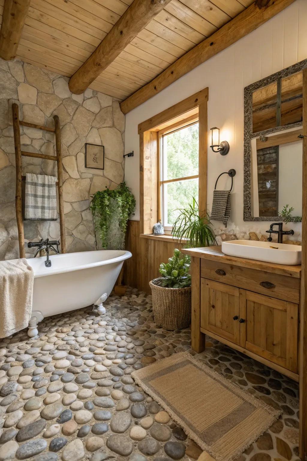 Stone piece tile flooring brings a natural touch to any bathroom.