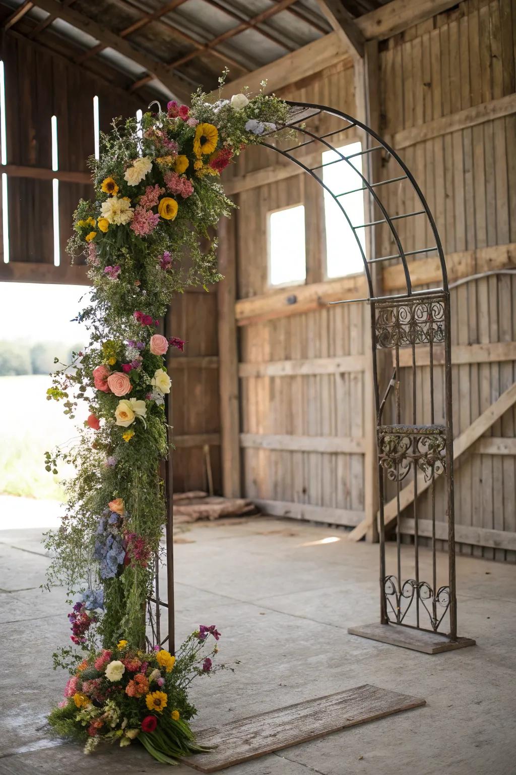 An industrial metallic arch softened by the untamed beauty of blooms.