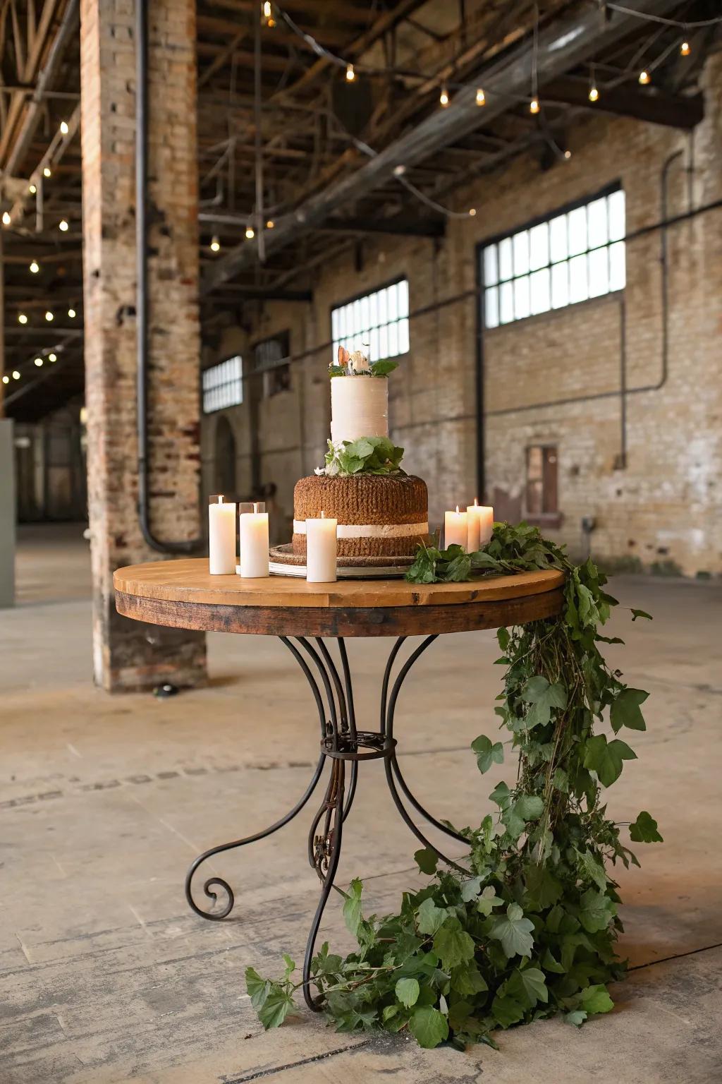 Stylish iron and wood combination for a rustic cake stand.