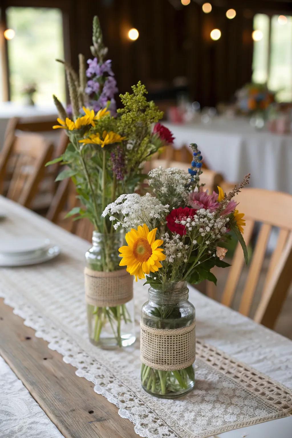 Colorful untamed flower compositions introducing nature to the table.