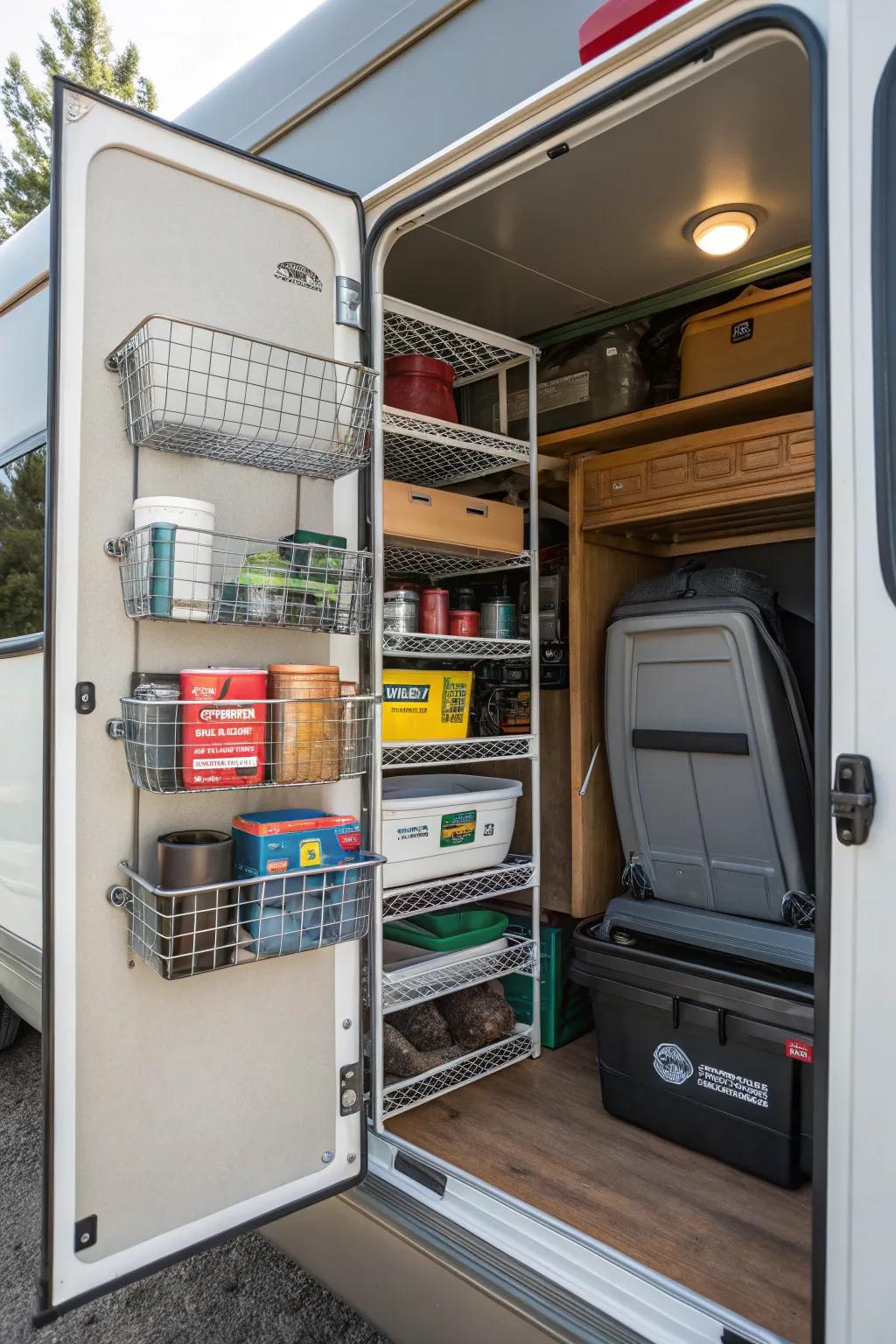 For an RV closet, wire cubbies provide robust storage options.