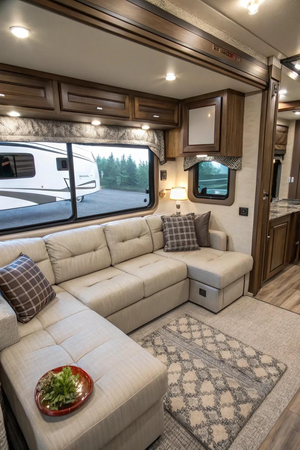Sectional sofas offer both style and plenty of seating in RVs.