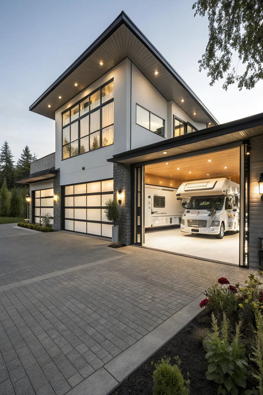 Sleek and modern RV garage design that complements the home's architecture.