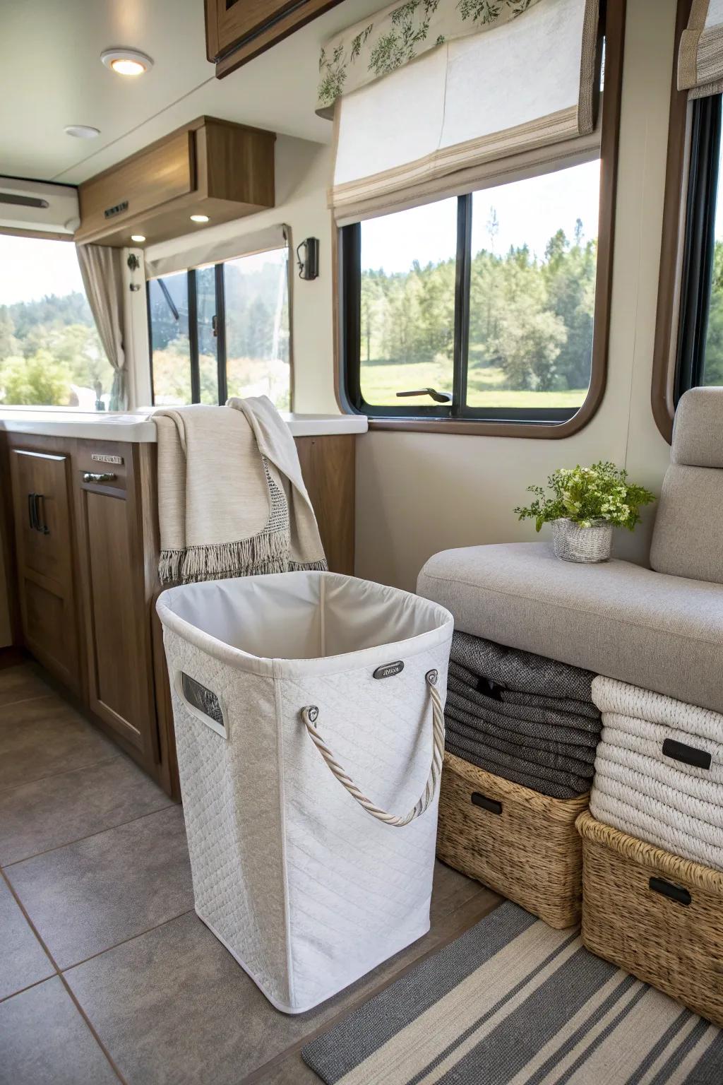 A decorative hamper that adds style to the RV interior.