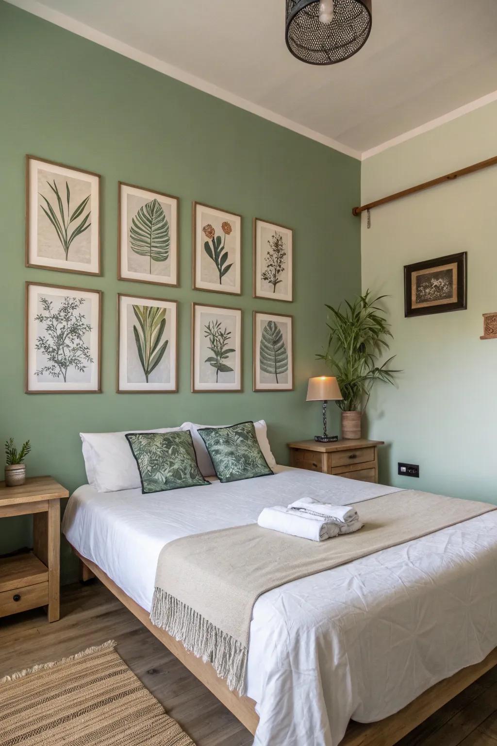 Soft green wall decorations incorporate depth and harmony to a tranquil sleeping quarters setting.