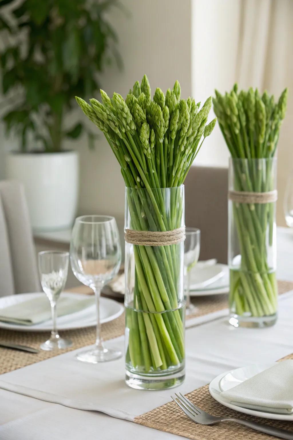 Sage green stalks beautifully highlighted in see-through glassware.