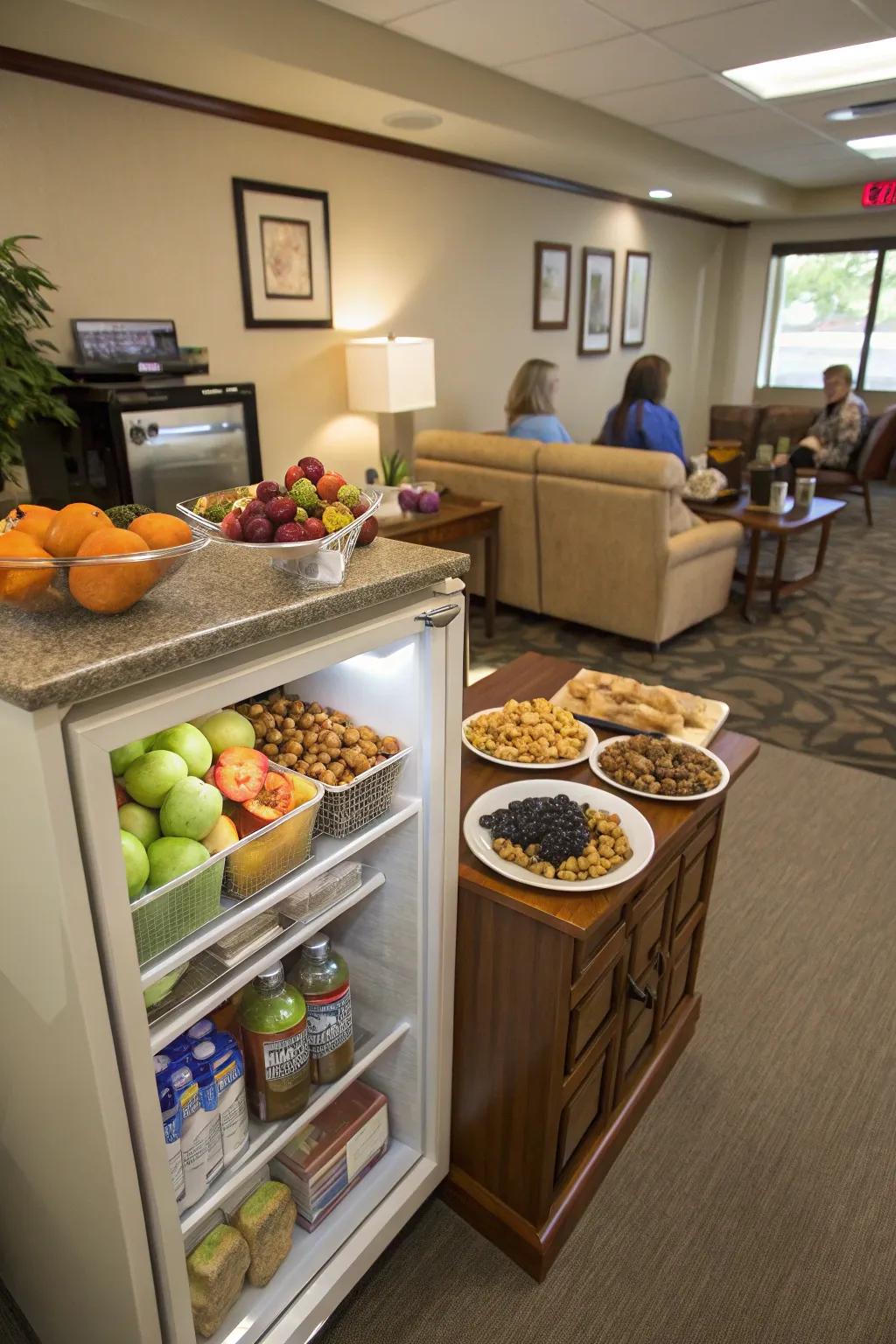 A snack station with nutritious selections sustains high energy levels.