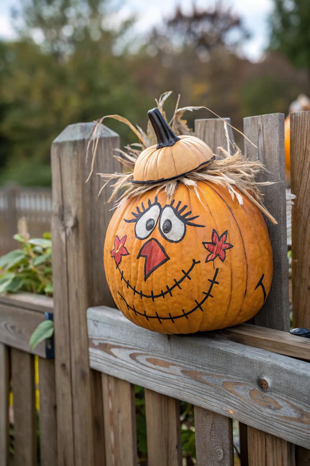 Funny brows provide personality to this scarecrow pumpkin.