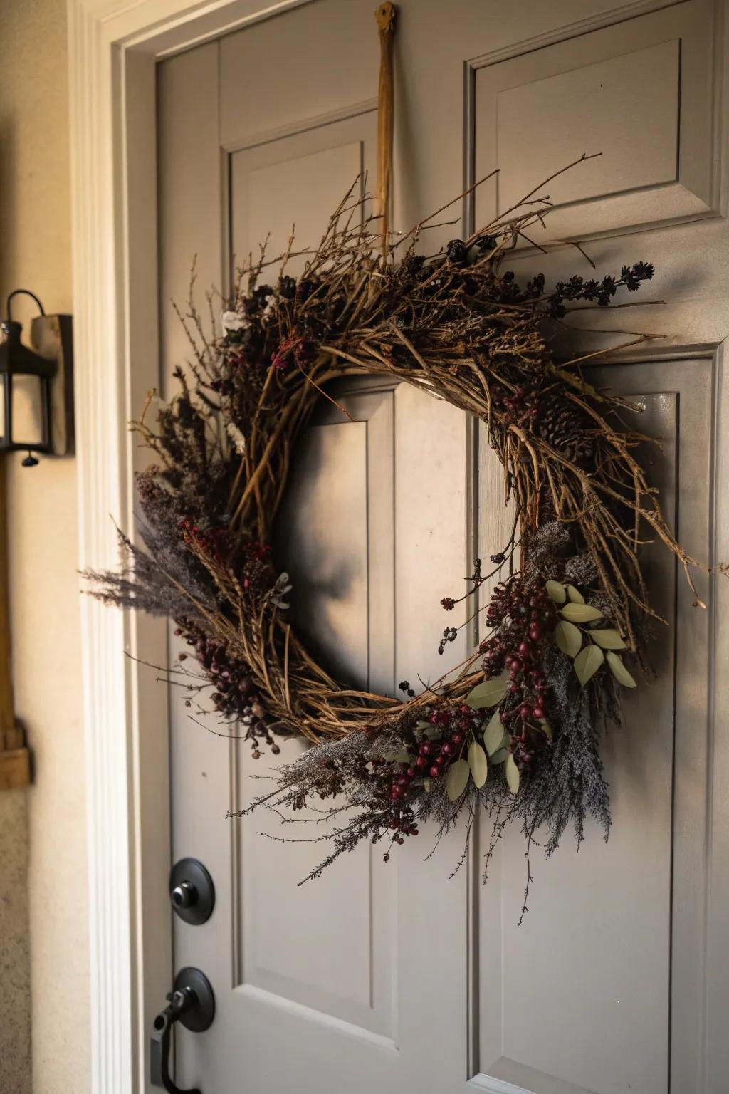 A sinister ornament adds a sophisticated scare to the main door.
