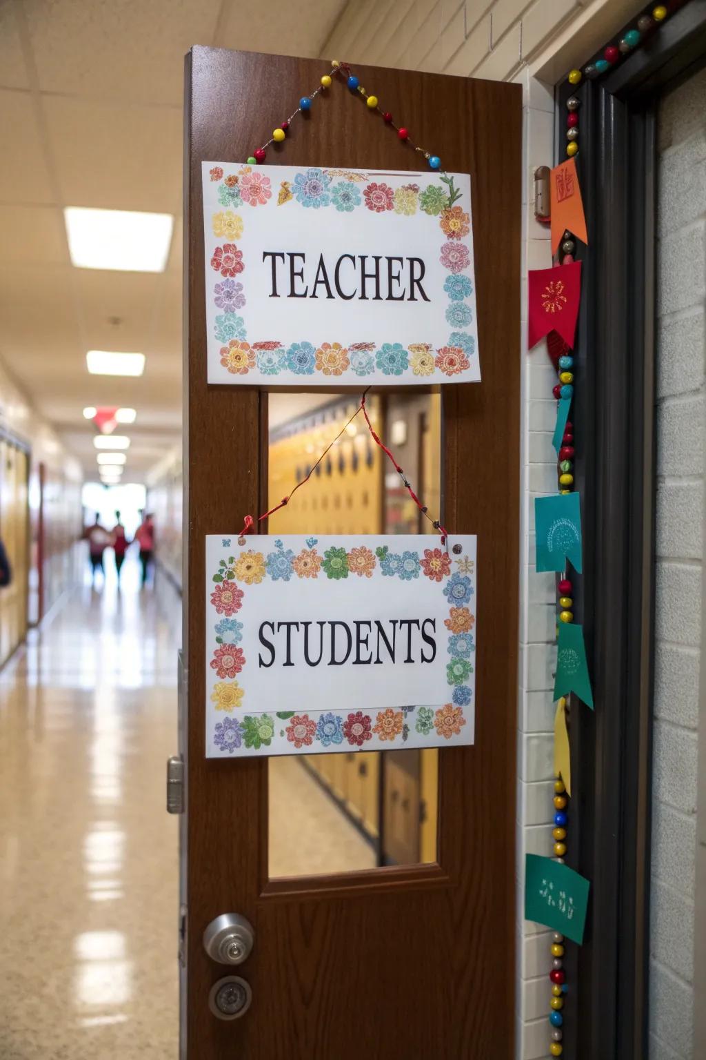 A personalized school door featuring teacher and student names.