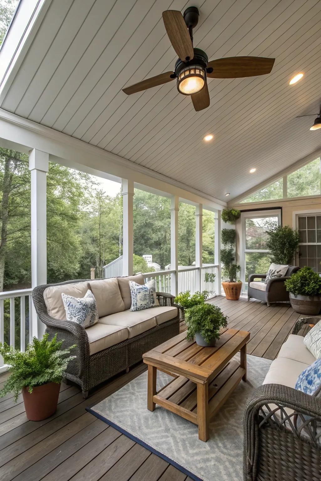 A budget-conscious ceiling circulator contributes coziness and style.