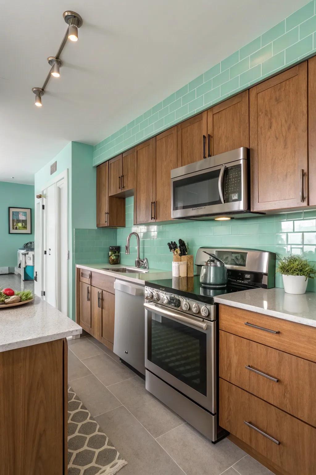 A modern kitchen featuring fresh seafoam green walls and natural elements.