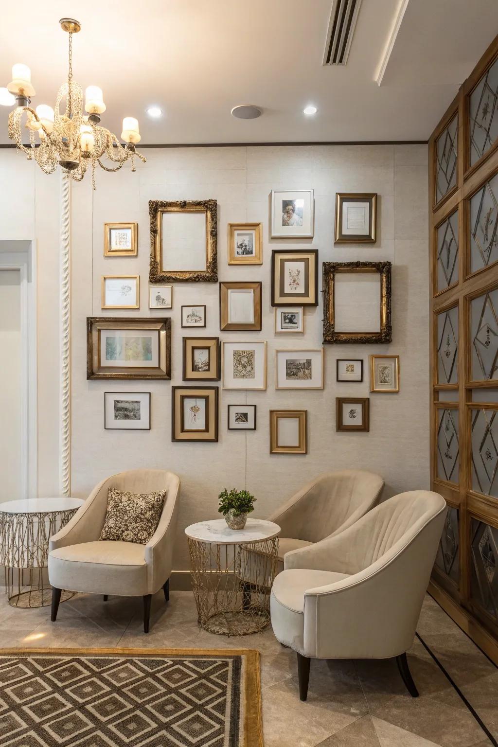 Empty frames construct an artistic, gallery-like selfie station.