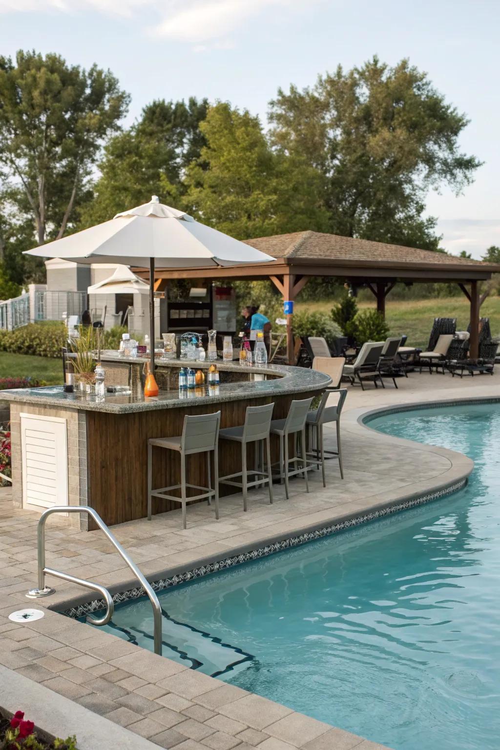 A semi inground pool showcasing a fashionable water's edge bar for entertainment.