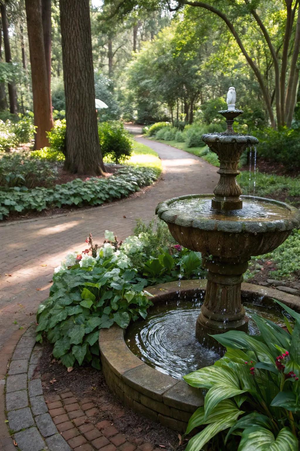A gurgling water fountain includes peacefulness to any type of yard.