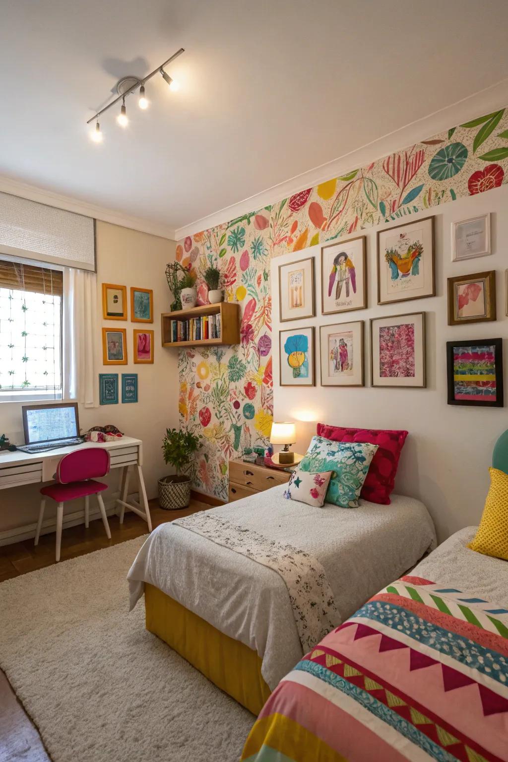 Cheerful wall art adds character and color to a shared space.