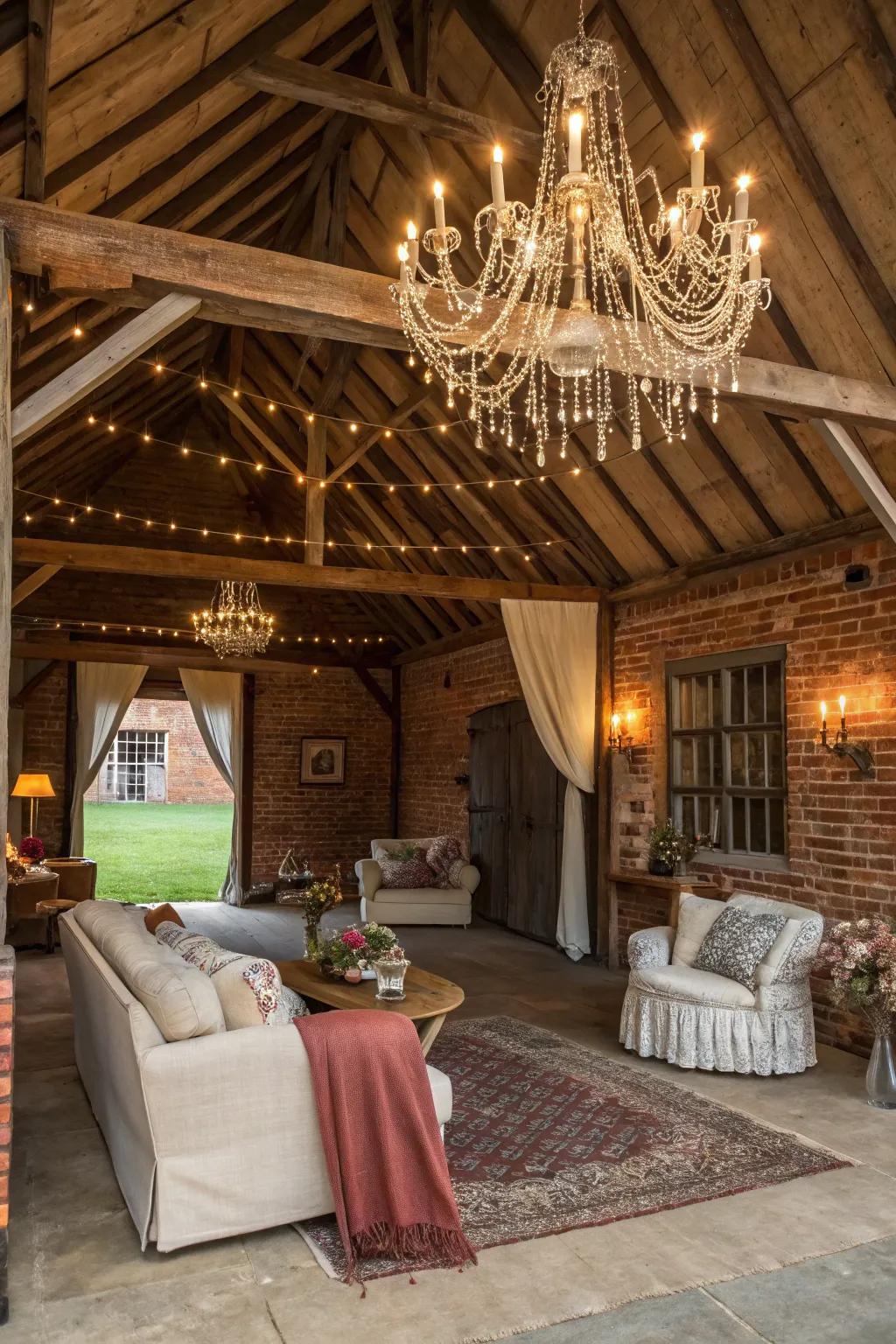 Elegance meets countryside allure through a chandelier positioned within a barn transformation.