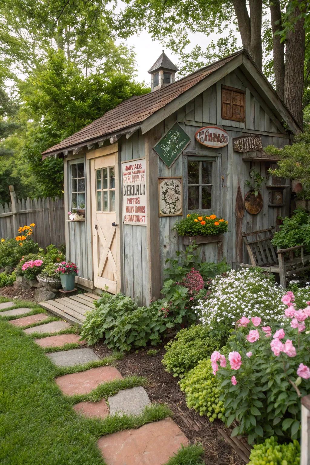 An outdoor shed featuring captivating timeless signage.