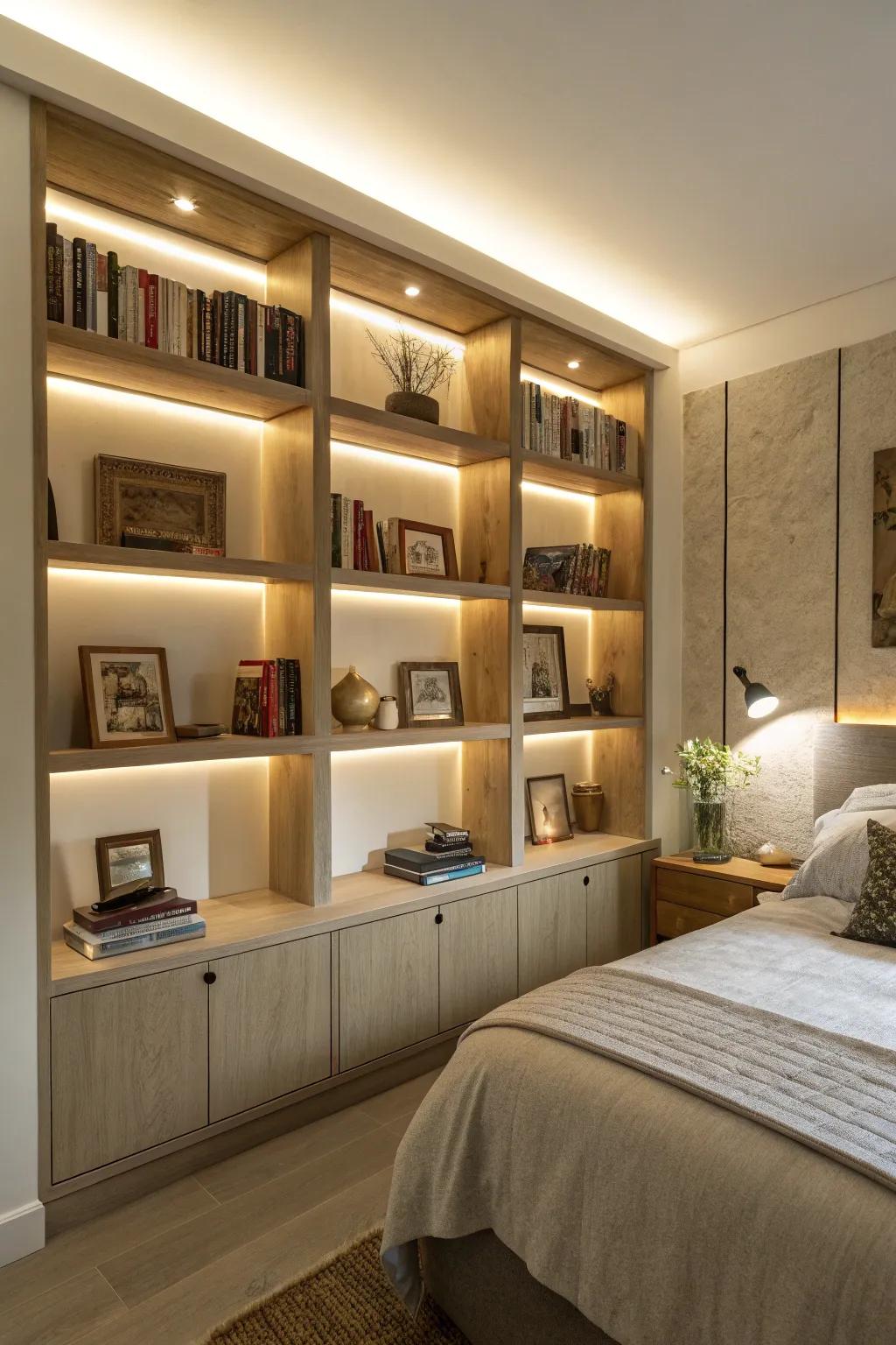 Integrated illumination adds a warm glow to bedroom displays.