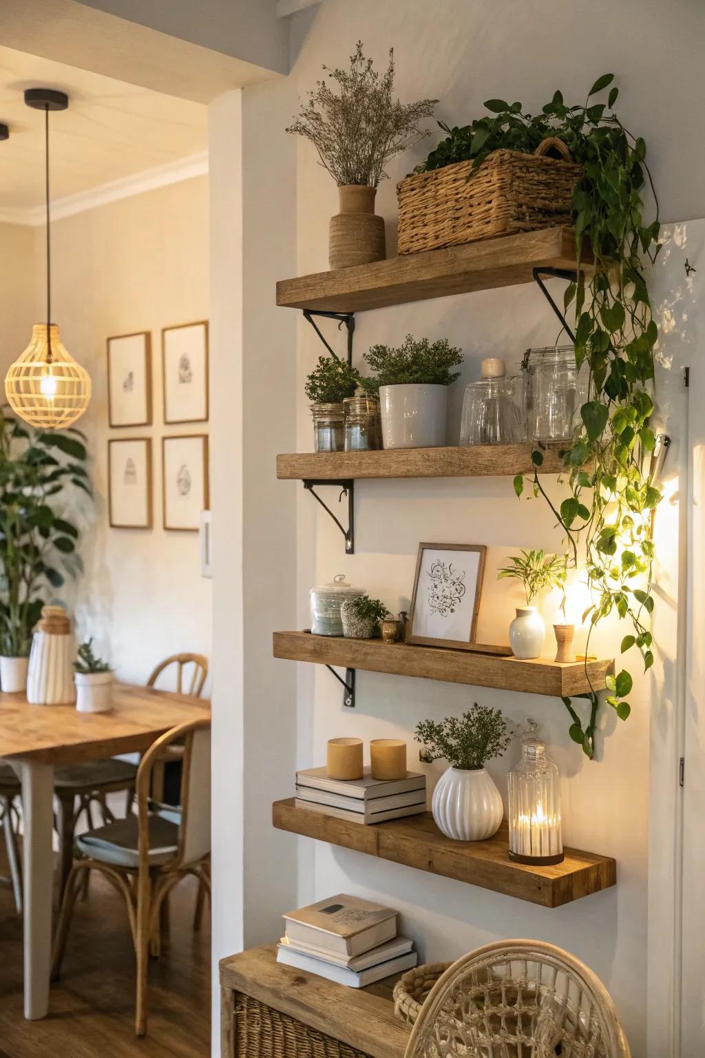 Floating shelves make the dining room feel more spacious.