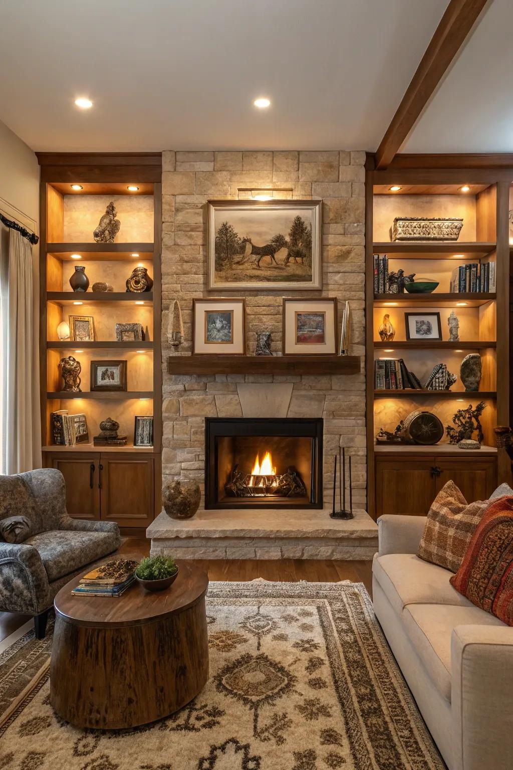 Artwork and sculptures on shelves, serving as a mini gallery.