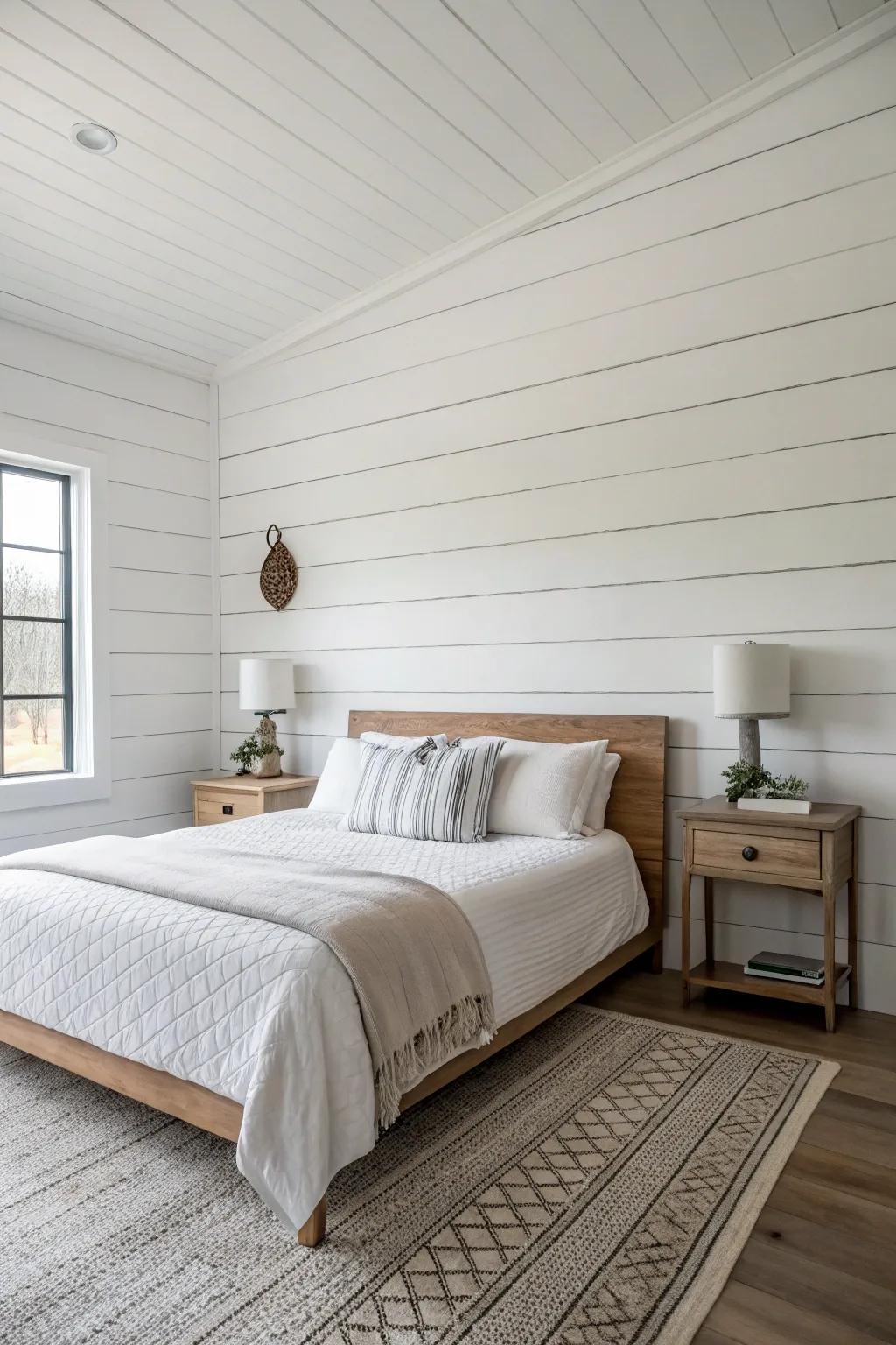 A minimalist shiplap wall can be the star of your bedroom design.