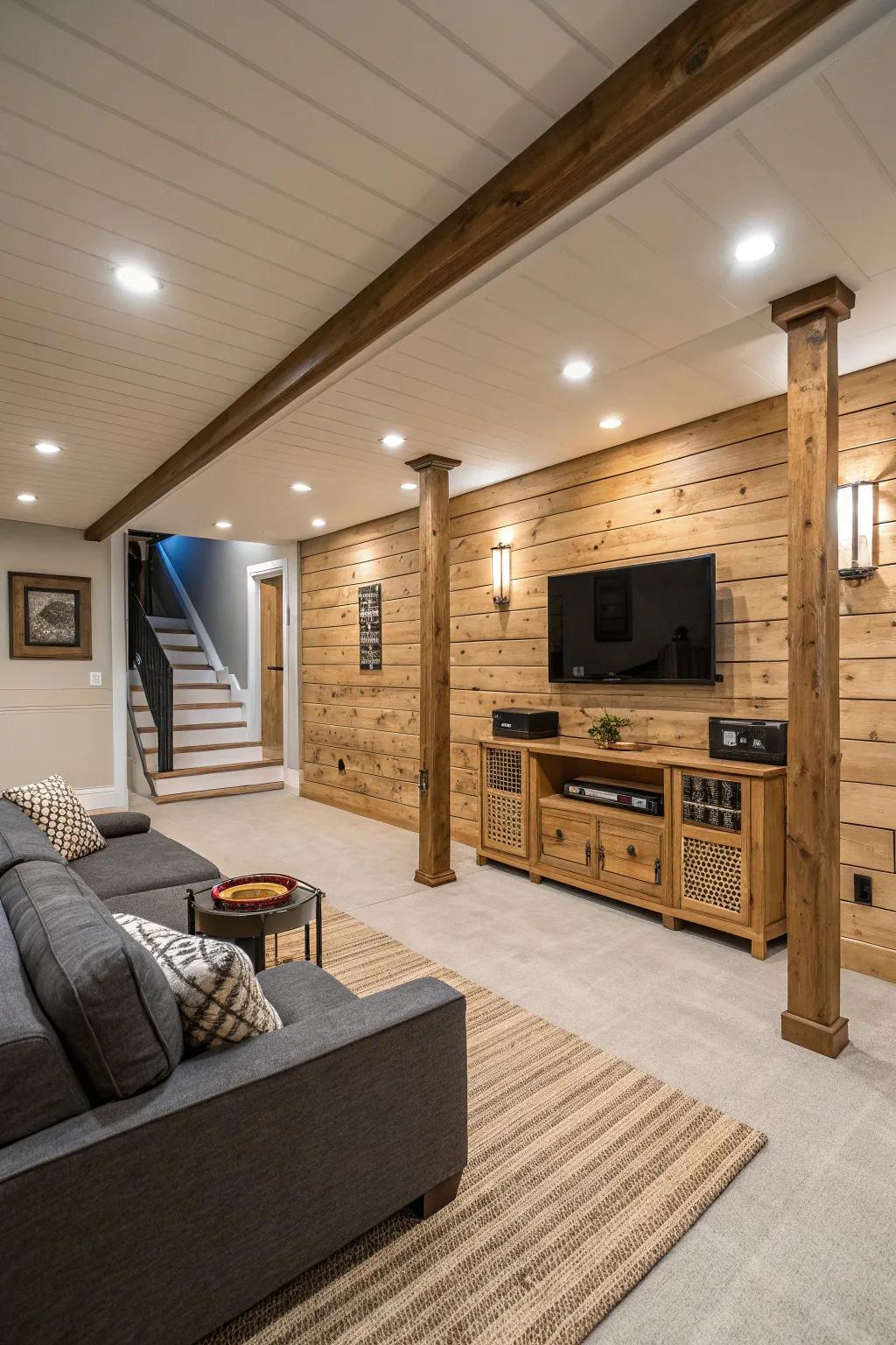 Shiplap creates an open and airy basement.