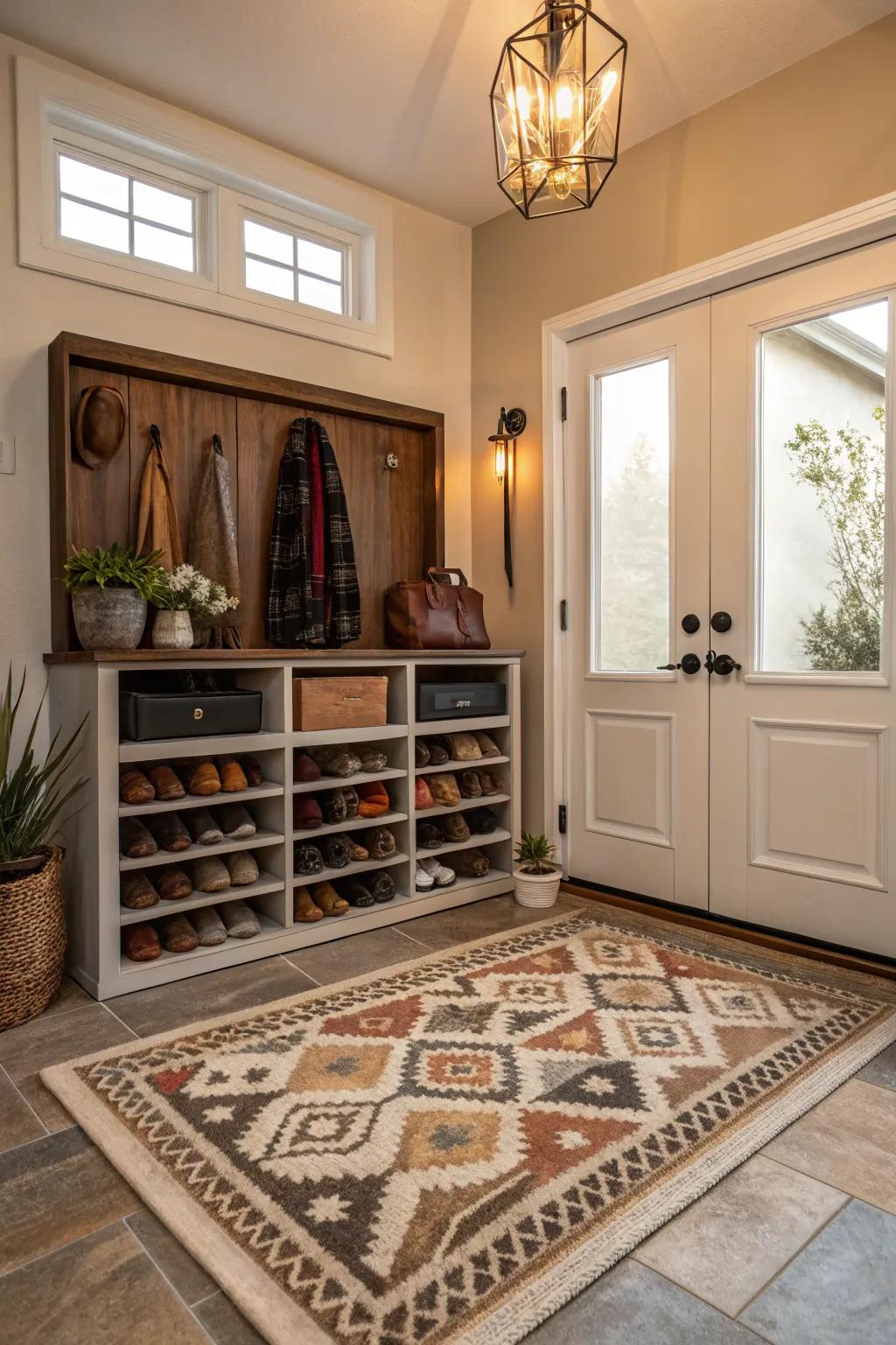 A rug clearly marks the area in front of the shoe cabinet.