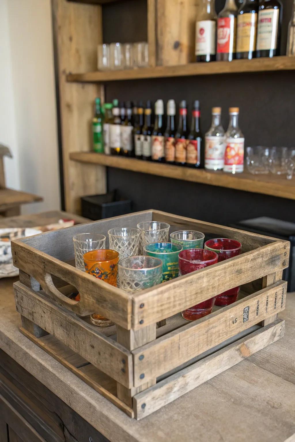 A home bar featuring a vintage wooden crate repurposed as a shot glass display.