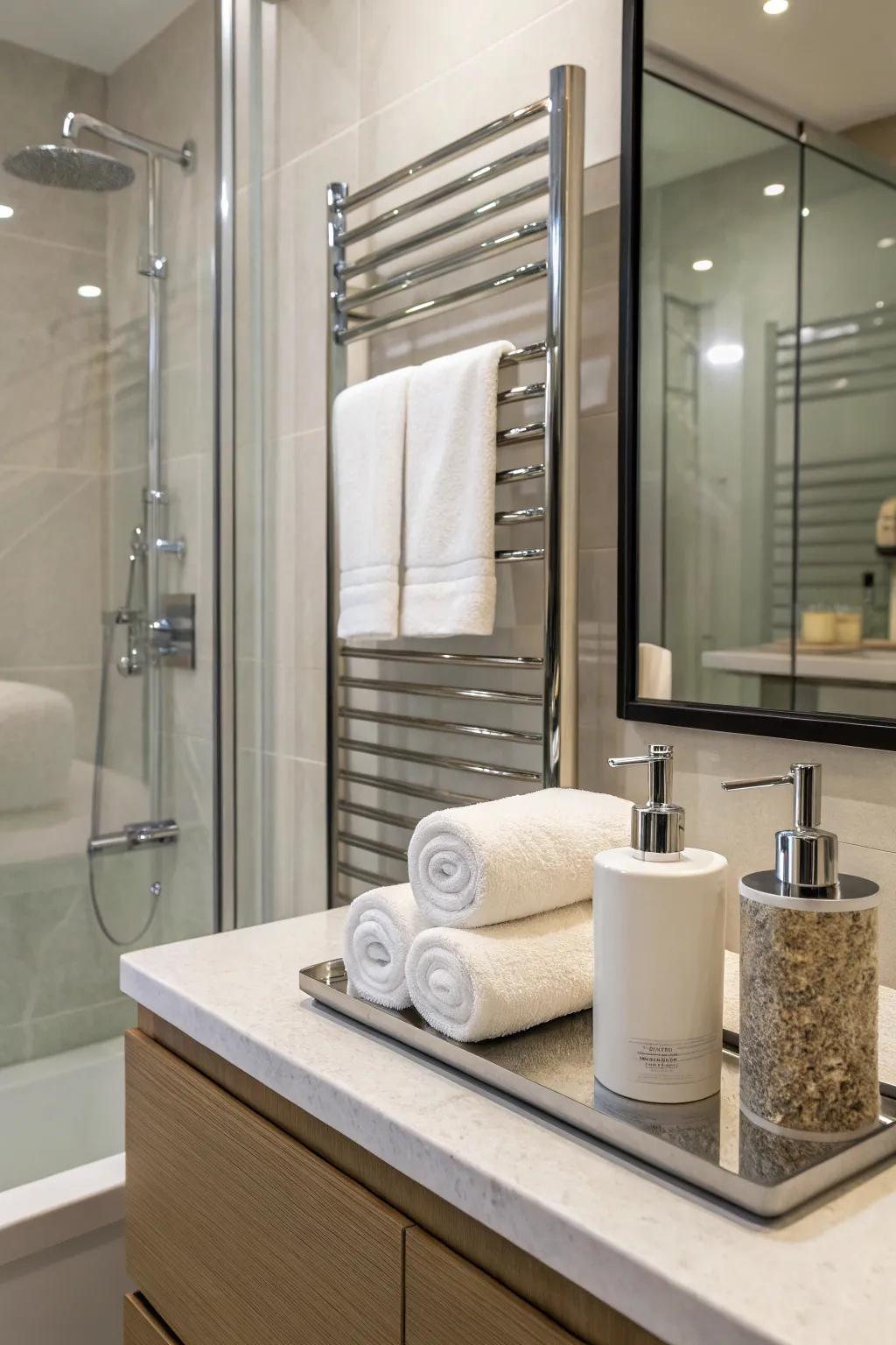 A shower showcasing stylish towel racks and elegant soap dispensers.