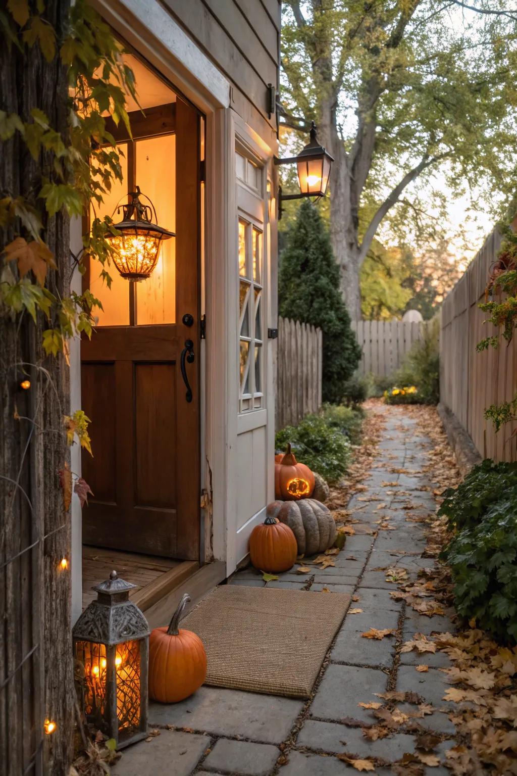 Seasonal decorations bringing charm to the side entrance.