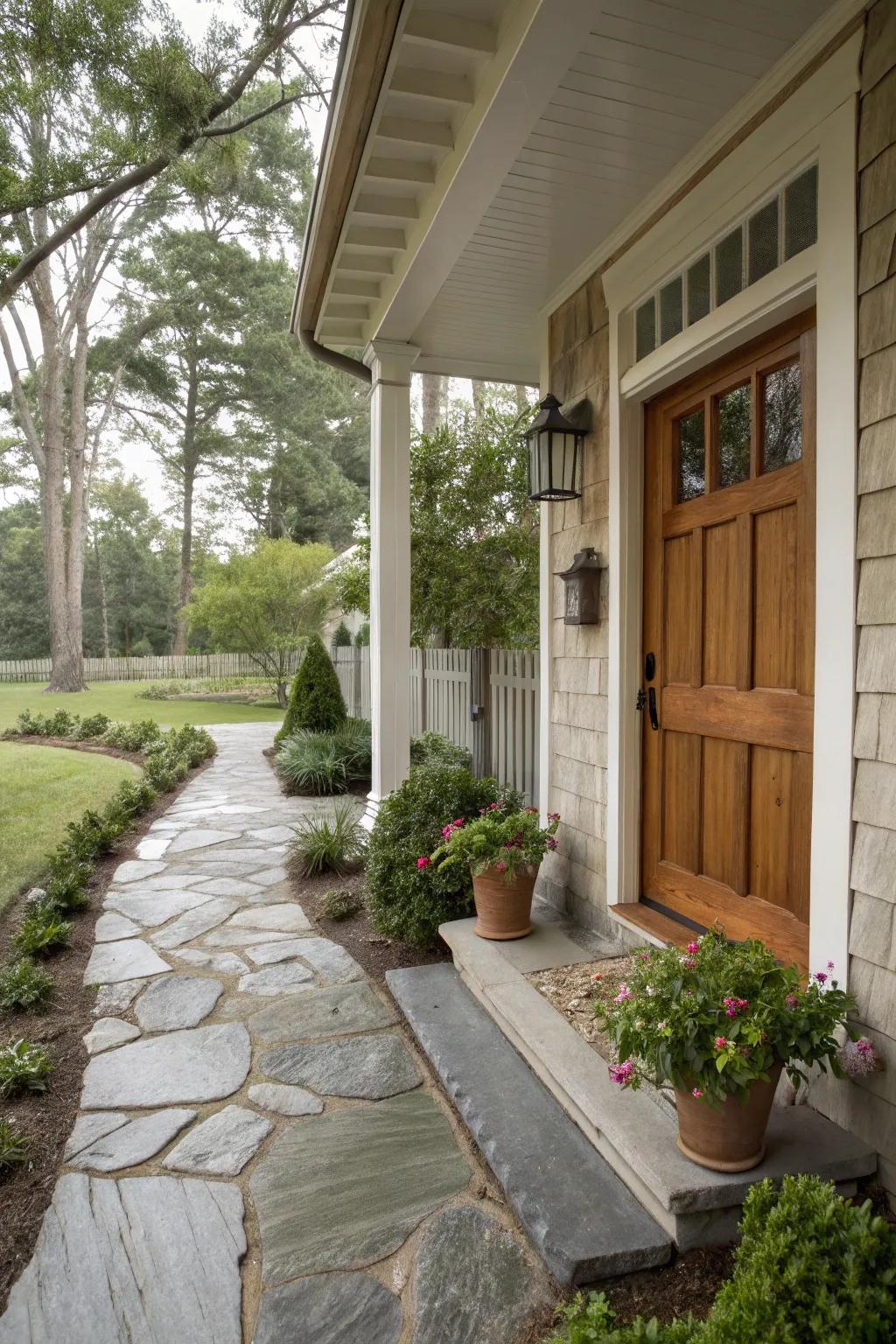 A welcoming stone walkway that leads to the side porch.