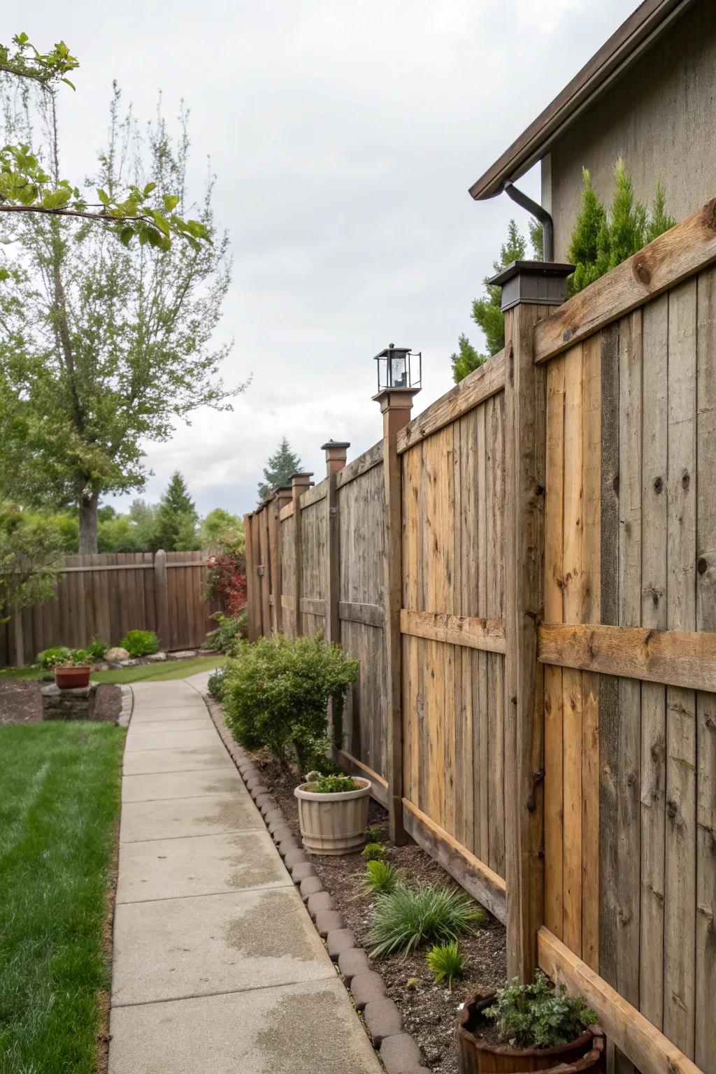 Sustainable side yard featuring a salvaged timber fence.