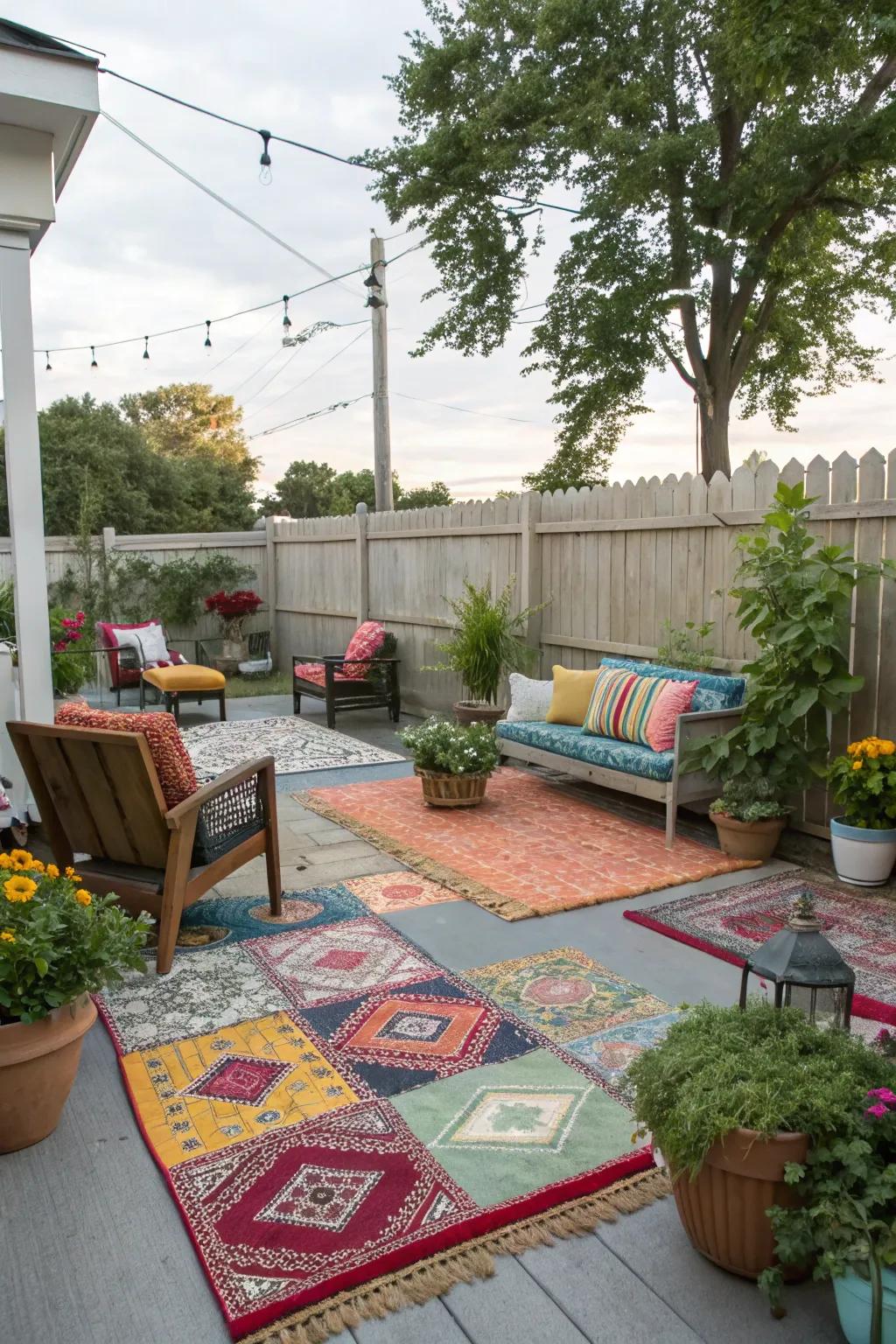 Outdoor rugs inject color and comfort to your patio.