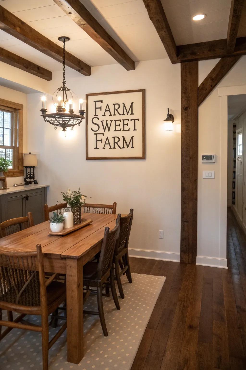 A homestead-chic eating space with a 'Homestead Sweet Homestead' plaque on the wall.