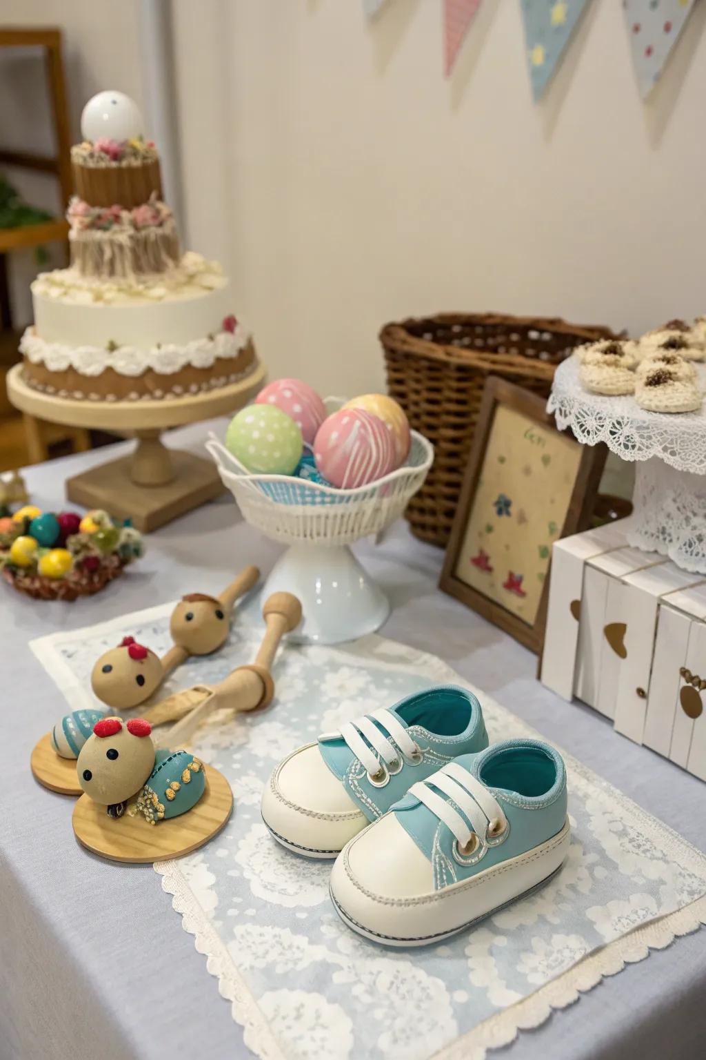 A themed table setting with charming baby-inspired details.