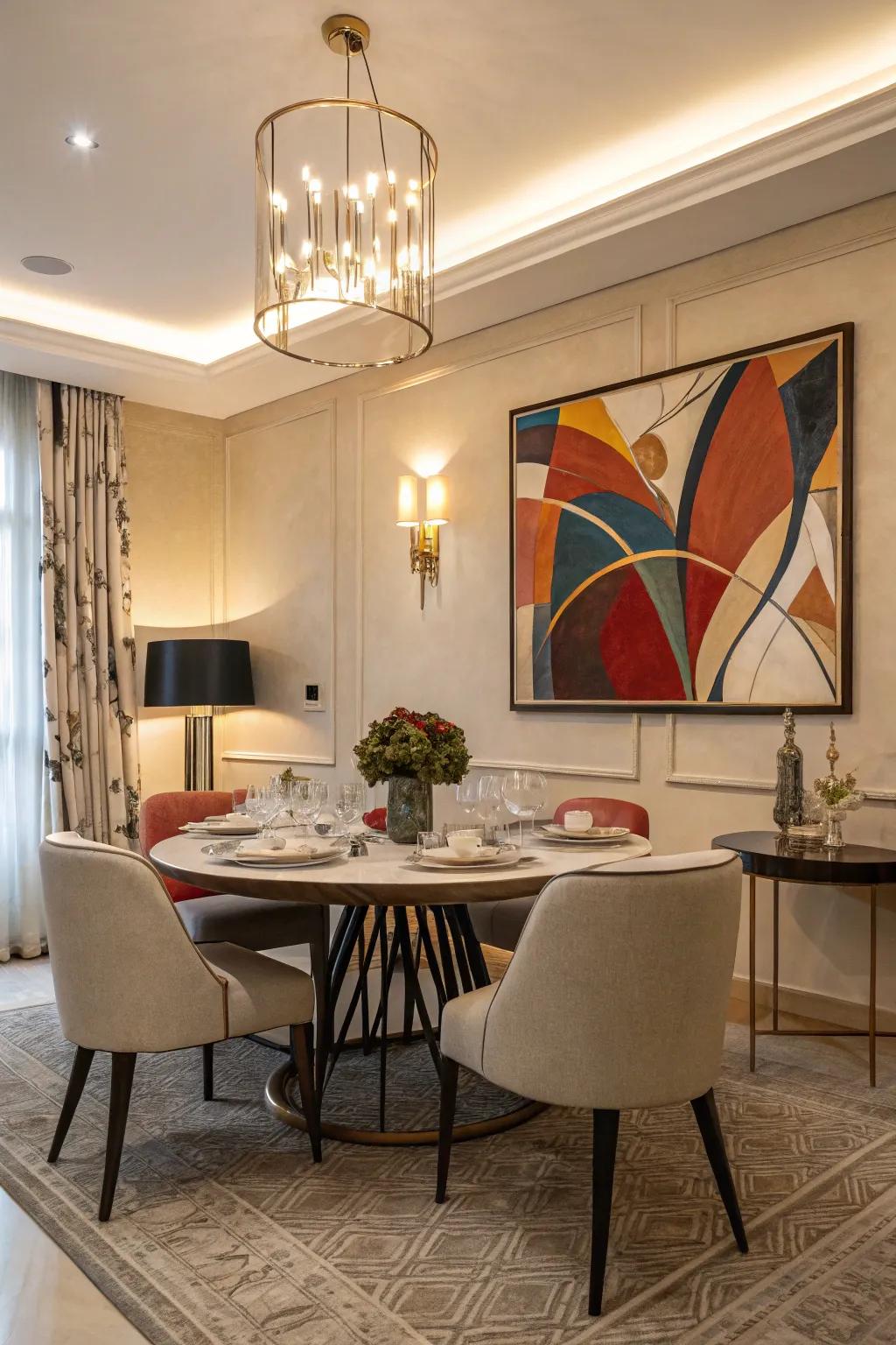 Simple wall art enhances the dining room's personality.