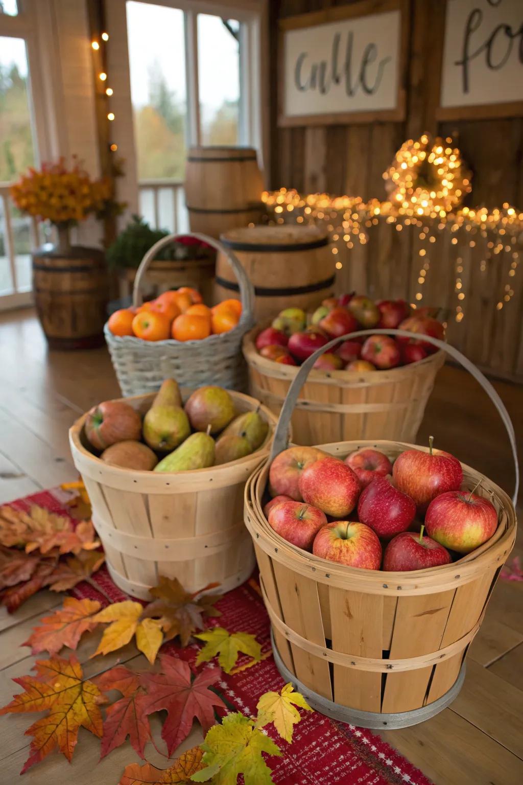 Receptacles filled with pome fruits contribute a seasonal touch.
