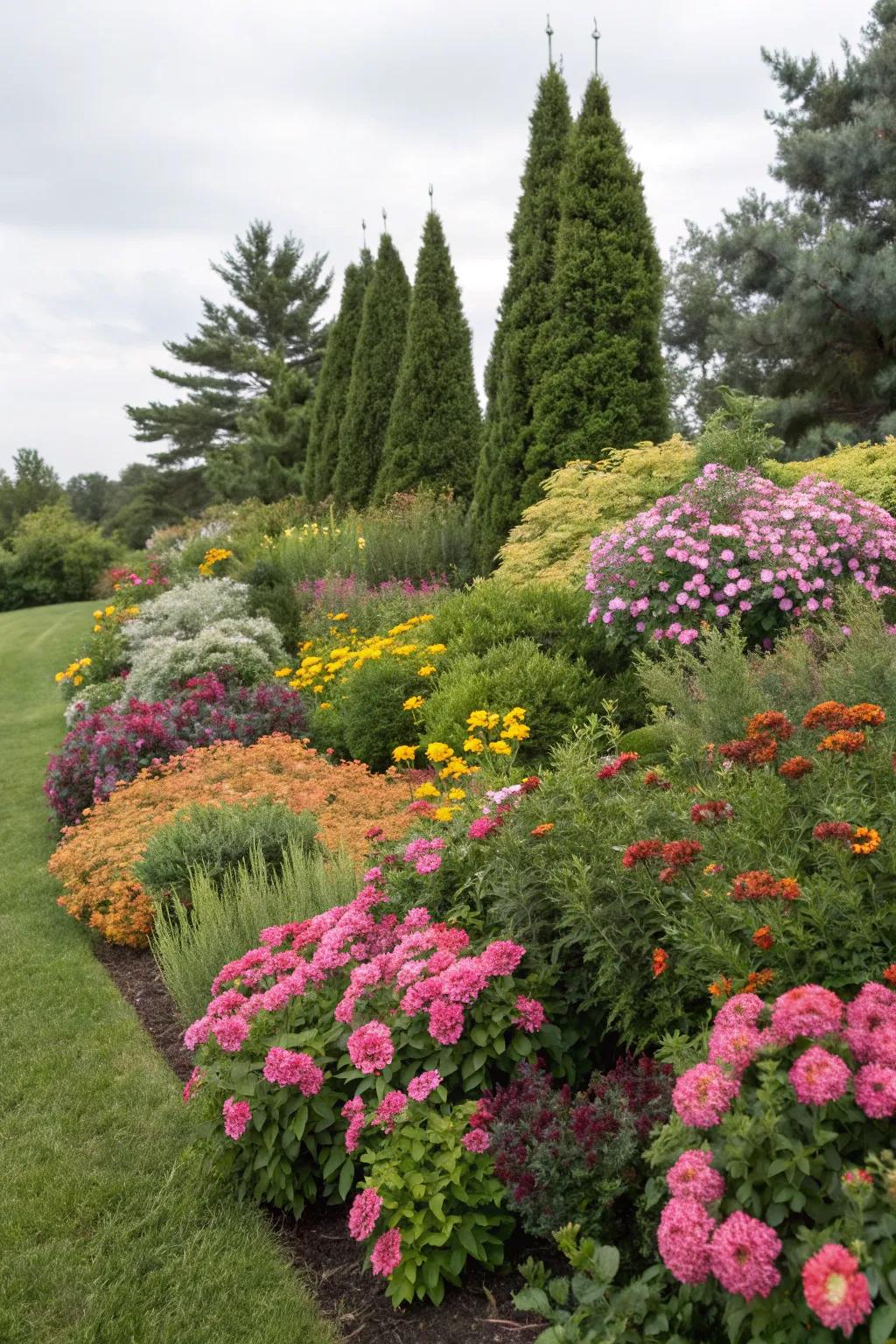 Evergreen plants ensure this flower bed remains lush throughout the seasons.