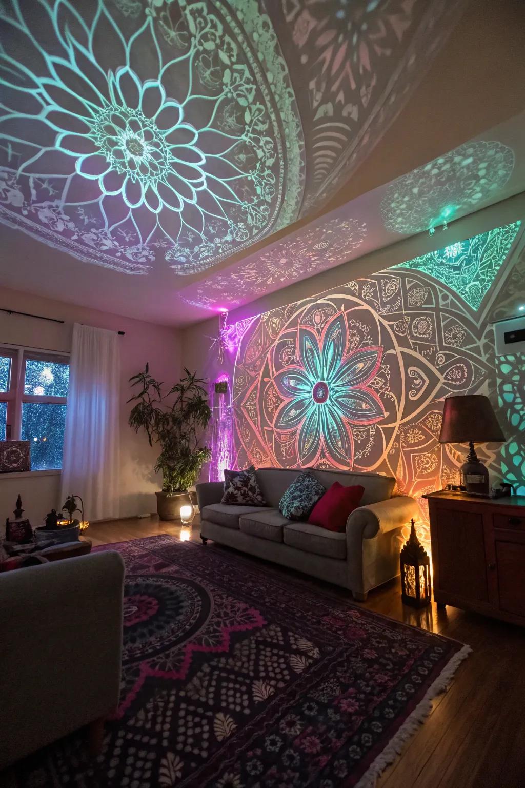 Fractal light shows turn a lounge into an absorbing visual adventure.