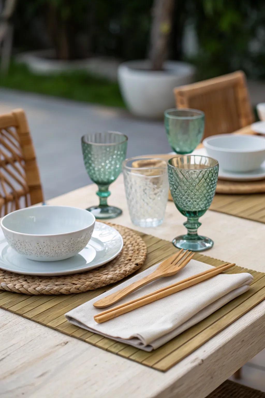 Eco-friendly glassware and utensils add sustainability to the table.