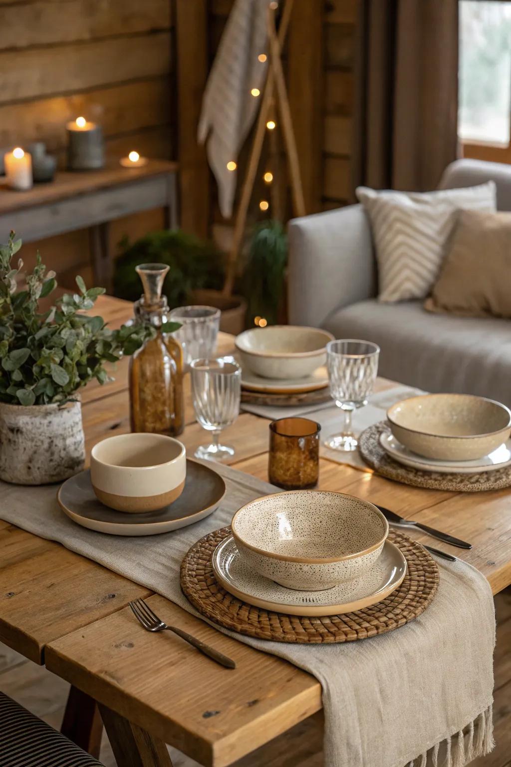 Discreet tableware enhancing a rustic table arrangement.