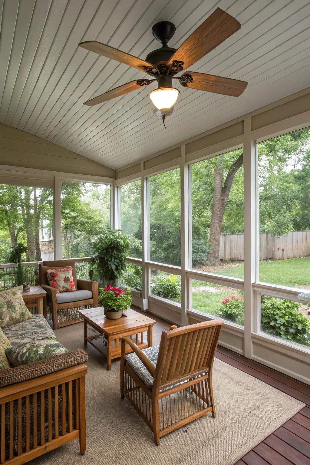 A ceiling fan providing a cool breeze