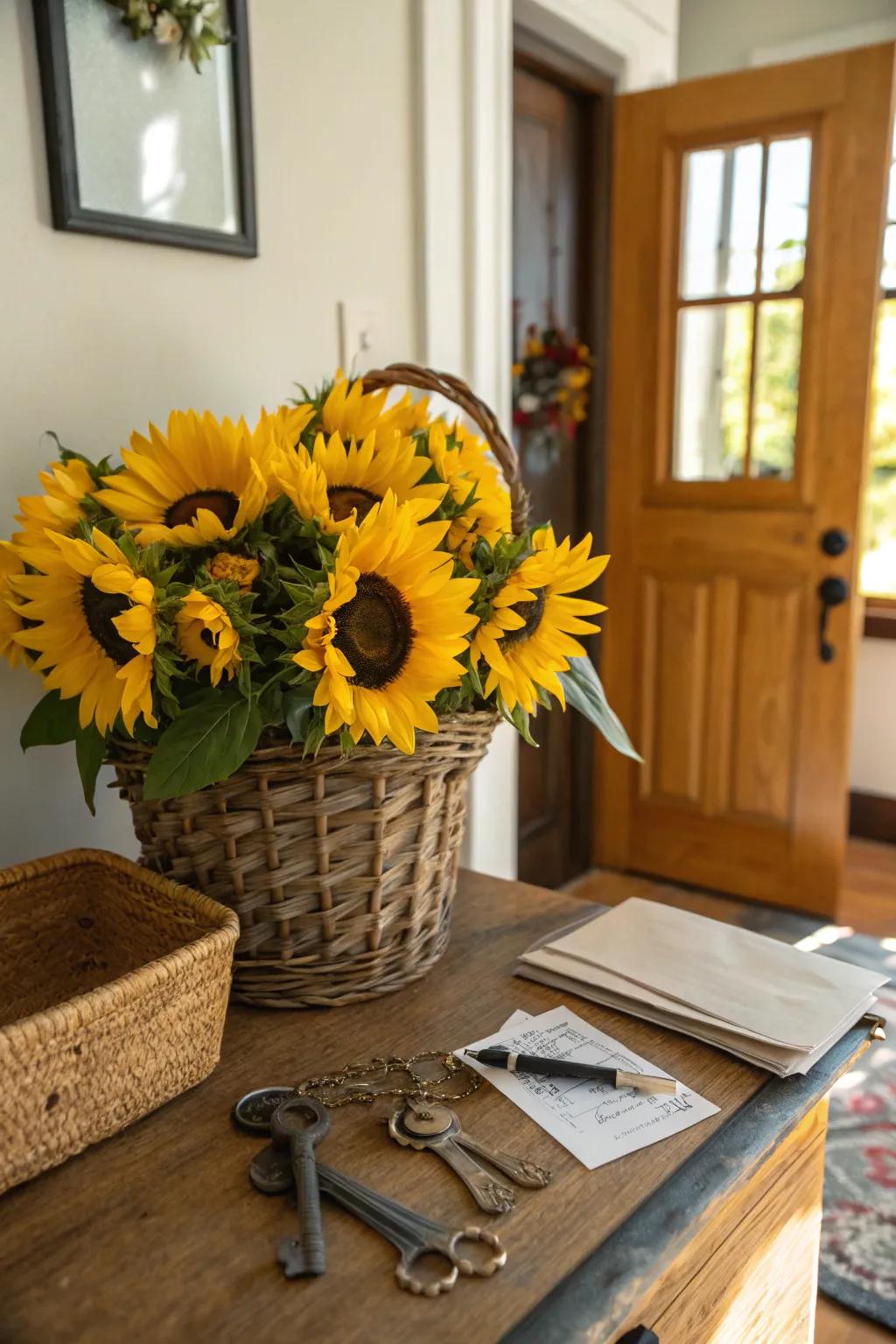 A straw-woven basket filled with sunflowers offers a warm welcome to any visitor.