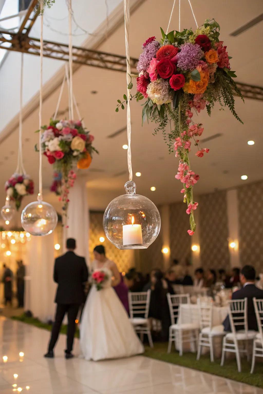 Hanging glass ornaments add an ethereal and whimsical touch.