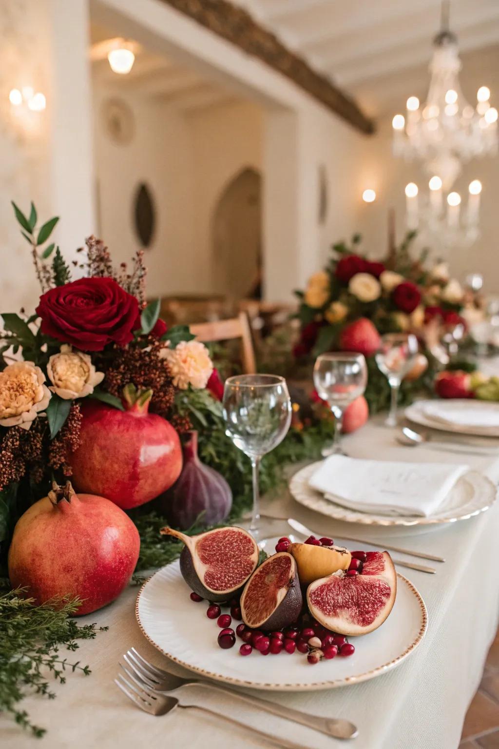 Seasonal fruits add color plus nature to the arrangement.
